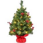 Yaheetech 2ft/60cm Prelit Tabletop Mini Christmas Tree with LED Warm Toned Lights Portable Holiday Decoration Artificial Tree with Red Berries 1Pack