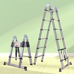 12.5FT (6.2+6.2FT) Telescopic Extendable Ladder Newest Stainless Steel A-Frame Foldable Straight Ladder 330lb Capacity Extension Portable Ladder Adjustable Height Safety Lock EN131 Safe Standard