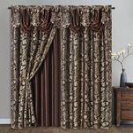 GOHD Royal ROSARIUM. Clipped Voile/Voile Jacquard Window Curtain Panel Drape with Attached Fancy Valance & Taffeta Backing. 2pcs Set. Each pc 54" Wide x 84" Drop + 18" Valance. (Brown)