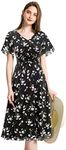 Womens Plus Size Casual Summer Chiffon Floral V Neck Short Sleeve Smocked Wedding Guest Midi Dress Black Dandelion 3XL