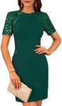 GRACE KARIN Women Sequin Stitching Bodycon Dress Short Sleeve Knee Length for Cocktail Party Club Dark Green,M