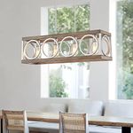 XINGQI Modern Kitchen Island Light Fixtures Farmhouse Chandeliers 4-Light Dining Room Lighting Rectangle Vintage Hanging Light Rustic Metal Pendant Antique Wood Grain + Brushed Nickel Chandelier