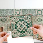 WALPLUS 15cm(6") 24 pcs Tile Stickers Vintage Green Antique AzulejoPeel and Stick Backsplash Self- Adhesive Decal Vinyl Home Decors DIY Splashback Spring Easter Decoration Tile Paint Stick on Tiles