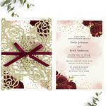 DORIS HOME 50PCS Laser Cut Wedding Invitation with Envelope, 4.9"x7.2" Gold Glitter Invitations Laser Cut with Hollow Rose, Burgundy and Gold Invitation Cards with Pearl embelishments, Blank