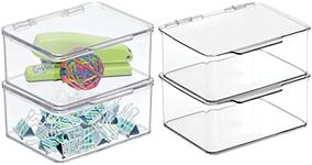 mDesign Small Plastic Home Office Storage Organizer Box Containers w/Hinged Lid for Desktops - Holds Pens, Pencils, Sticky Notes, Highlighters, Staples, Supplies - Lumiere Collection, 4 Pack - Clear