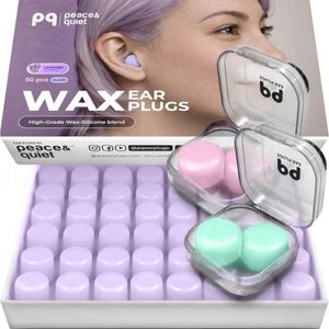 Peace&Quiet PQ Wax Ear Plugs for Sleeping, Swimming - 50 Soft Noise Cancelling Silicone Gel Wax Earplugs for Sleep and Swimmers, Ear Protection with Sound Blocking, Lavender