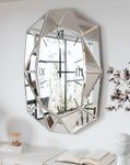 Artloge Mirrored Wall Clock Decorative: Large Oval Diamond Shape Silver Vanity with Silver Glass Mirror Beveled Frame Edge 40x28 inch Modern Home Art Deco for Living Room Dining Room