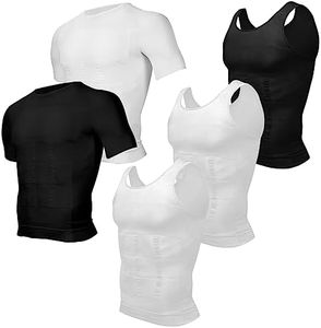 Odoland 5 Pack Men's Compression Shirt Short Sleeve Vest Set, Body Shaper Tummy Slimming Shapewear Tank Top Base Layer for Sport,1 Black 2 White Tank Top and 1 Black/White Short Sleeve,XL