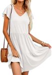 HOTOUCH Summer Dress for Women's Short Sleeve V Neck Dresses Ruffle Tiered Dress A-Line Knee-Long Dresses with Pockets White S