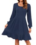 WNEEDU Womens Fall Dress 2024 Casual Long Sleeve Dress Square Neck Knit Babydoll Dresses, Navy Blue L