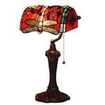 Bieye L30057 Dragonfly Tiffany Style Stained Glass Banker Table Lamp Desk Lamp with 10 inch Wide Lampshade, 16-inch Tall, Red