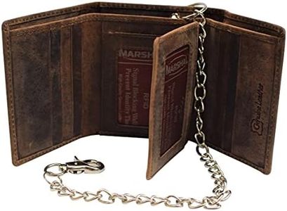 MARSHAL RFID Blocking Mens Chain Biker Vintage Genuine Leather Classic Trifold Wallet, Brown with Chain, Trifold Chain Wallet