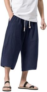 MAGNIVIT Men's Capri Pants Wide Leg Harem Baggy Pants Patchwork Linen Trousers Navy Blue 40