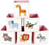 Berlune 6 Pcs Foldable Animal Themed 10 x 10 x 10 Inch Cube Storage Baskets with Non Woven Fabric and Cardboard Bin Boxes for Toy Organizer Nursery and Toddlers, pink