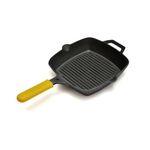 GEMMA Cast Iron Grill Pan with Silicone Grip(2L) 24cm|Pre-Seasoned|Gas Stove Compatible |100% Pure Cast Iron |Non Toxic|Stick Free -Weight (2.4 kg)|(Yellow)|