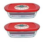 Pyrex O'Cuisine Borosilicate Glass Rectangular Dish with Plastic Lid 1.1L Red (Pack of 2)