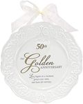 Malden International Designs Glazed Ceramic 50th Anniversary Plate with Gold Accents and Ribbon for Hanging, 9x9, White