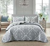 Q Style Quilted Patchwork Bedspread Bed Throw 3 Piece Comforter bedding set with Pillow Shams and Coverlet Throw Machine Washable (Damask-Grey, King)