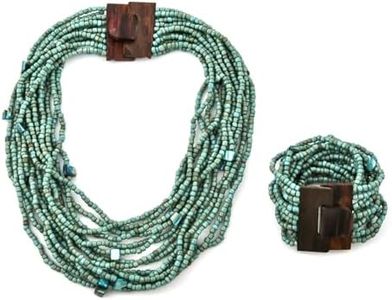 Shop LC Handmade Seed Bead Necklace & Bracelet Set - Green Boho Jewelry for Women - Layered Multi Strand Beaded Statement Necklaces & Bracelets w/Wooden Clasp - Necklace Length 18" - Strechable