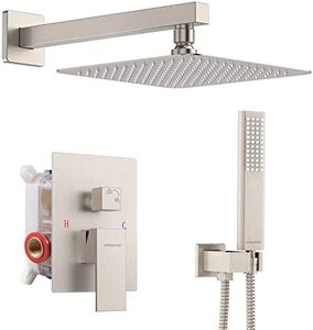 EMBATHER Shower System 12" Shower Faucet Set for Bathroom Luxury Rain Mixer Combo Set Wall Mounted Rainfall Square Shower Head, Easy Installation, Contain Rough-in Valve & Trim, Brushed Nickel
