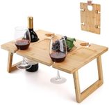 Peohud Portable Wine Picnic Table, Foldable Champagne Picnic Snack Table Tray, Wooden Outdoor Picnic Table with Glass Holder for Park, Beach, Camping, Bed, Wine Lover Gift