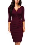 Miusol Women's V-Neck Ruffle Style 2/3 Sleeve Cocktail Pencil Dress(Medium, Burgundy)