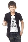 SOUNIK FASHION SDS Boys Half Sleeve Cotton White Printed T-Shirt with attached Black Jacket Shrug Look Smart and Comfortable for Any Casual and Festive Purpose (16-17 Years)