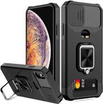 for iPhone Xs Max Case with [Card Holder] [Slide Camera Cover] [360° Rotate Ring Kickstand] Heavy Duty Protective Phone Cover Case for Apple iPhone Xs Max -Black