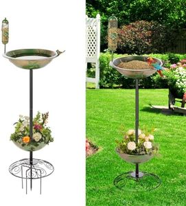 DREAMSOUL 42" Pedestal Bird Bath with Planter, Metal Bird Baths for Outdoors with 4 Prongs Stake, Outdoor Birdbath with Feeder for Garden Patio Yard Decor