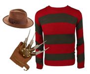 Grunge Wear® Men's Women's Red Green Stripe Knitted Jumper, Explore Hat, Claw Glove Set - Unisex Halloween Nightmare On Elm Street Fancy Dress Costume Outfit (Small)