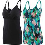 ZUMIY Pregnancy Breastfeeding Top, Maternity Nursing Tank Tops Seamless Cotton Basic Vest Sleeping Breastfeeding Bra Top (L, Black+Green Pattern/2-pk)