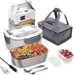 FORABEST Electric Lunch Box Food Heater - 60W Fast 110V 12V 24V Leak Proof Heated Lunch Box for Men - 1.5L Portable Food Warmer Lunch Box for Home Car Truck with 2 Compartment & Insulated Carry Bag