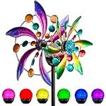 MAGGIFT Solar Wind Spinner，Outdoor Metal Stake Yard Spinners, Garden Wind Catcher Wind Mills, Solar Powered RGB Color Changing LED with Glass Ball, Lawn Yard Patio Decoration