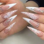 24 PCS Stiletto Press on Nails Long French False Nails Glossy White Rhinestone Fake Nails with Rose Flowers Design for Women and Girls