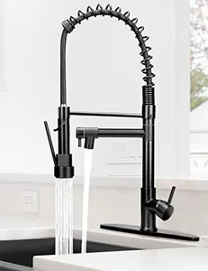 Kitchen Sink Faucet,Black Kitchen Faucet with Pull Down Sprayer,Serimer Commercial Solid Brass Spring Kitchen Faucets,Single Handle High Arc Faucet with Deck Plate for Camper Farmhouse RV Bar Kitchen