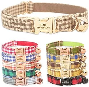 PETDURO Handmade Personalized Plaid Cat Collars with Bell & Name Engraved Metal Buckle Customized for Cute Girl and Boy Cats - Matching Bow Tie Available (S, Brown Plaid Light Gold Buckle)