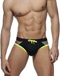 FEOYA Mens Swimming Briefs with Pouch Sexy Low Rise Swim Briefs for Men UK Summer Bikini Bottoms Printed Swimming Costume Drawstring Sport Swimwear Micro Swimming Trunks Beach Padded Underwear Black L