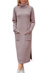 Arach&Cloz Womens Cashmere Fall Winter Dresses 2024 Trendy Long Sleeve Turtleneck Casual Loose Sweater Dress(Taro,L)