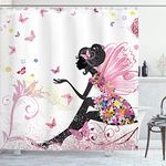 Ambesonne Fashion Shower Curtain, Fairy Girl with Wings in a Floral Fantasy Garden Theme Flying Butterflies Printed, Cloth Fabric Bathroom Decor for Playroom Set with Hooks, 69" W x 70" L, Pink White