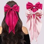 FKECVIS Hair Bows for Women, Hair Ribbons Bow for Girls, Silky Satin Large Hair Ribbons Oversized Long Tail Hair Bows Hair Barrettes Hair Accessories Gifts 2PCS (Pink)