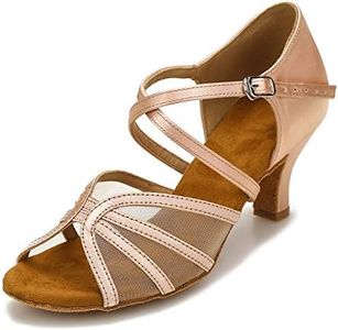 CLEECLI Women's Ballroom Dance Shoes Latin Salsa Dancing Shoes Cross Strap 2.5inch 3inch Heel ZB04(10,Nude-2.5 Inch Heel)