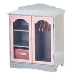 Olivia's Little World Polka Dot Princess Wooden Shaker-Style Double Closet for 18" Doll Wardrobes with Windowed Doors, Three Shelves, Hanging Space with Hangers, Grey/Pink