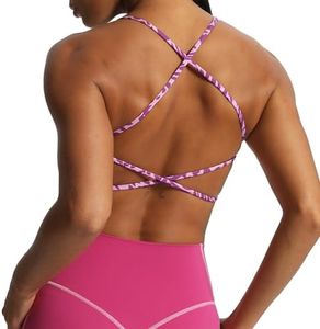 Aoxjox Women's Workout Sports Bras Fitness Backless Padded Ivy Low Impact Bra Yoga Crop Tank Top (Purple Leaf Print, X-Large)
