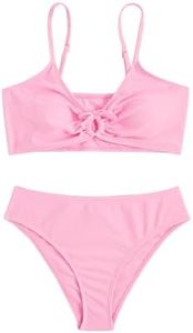 COZYEASE Girls' 2 Piece Ditsy Floral Print Knot Front Ruched Triangle Bikini Swimsuit Pure Pink 14 Years