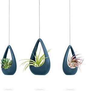 23 Bees | Hanging Air Plant Holder | Blue Hanger Ceramic Planter | Small Floating Succulent Pots Container | Cactus Holders with Metal Wire | 3 Pack (3 Pack x Blue)