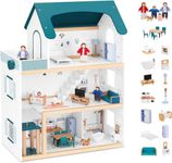 OOOK Wooden Dollhouse with Liftable Elevator - 2.6 Feet High Modern Doll House for Kids Toddlers - Including 21 Furniture Pieces, 4 Family Dolls, and 1 pet