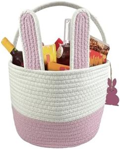 OLAHETE Personalized Easter Bunny Basket for Kids - Woven Rope Egg Baskets with Handle, Cotton Rope Tote for Boys Girls, for Candy Gifts Toy Storage(Basket Tags Included)