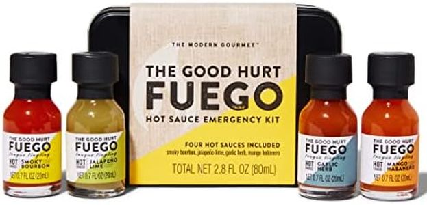 Thoughtfully Gifts, The Good Hurt Fuego: Emergency Kit Hot Sauce Gift Set, Flavors Include Smoky Bourbon, Jalapeno, Chipotle, and Garlic Del Fuego, Set of 4
