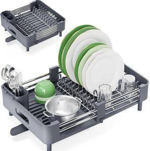 KINGRACK Dish Drainer Rack - Extendable Dish Rack, Stainless Steel Dish Drainer for Kitchen Counter, Draining Board Rack with Removable Cutlery Holder, Gray
