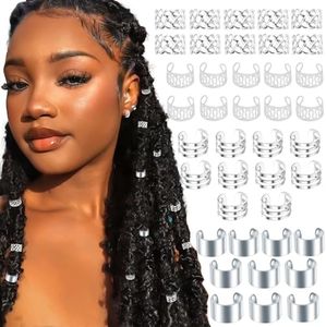 VENOFEN 40PCS Silver Hair Cuffs Loc Dreadlock Jewelry for Braids Metal Alloy Hair Jewelry Non-Piercing Ear Clips Adjustable Cuffs Hair Rings Clips Braids Accessories for Women and Men